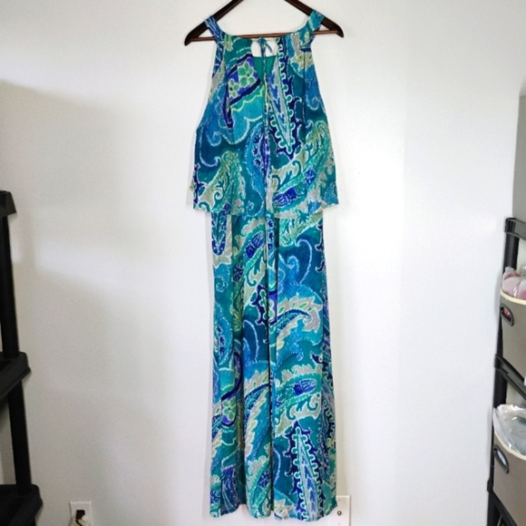 Chico's Sleeveless Halter Ocean Paisley Bib Maxi Dress Womens 3 XL Coastal Boho - Picture 12 of 14